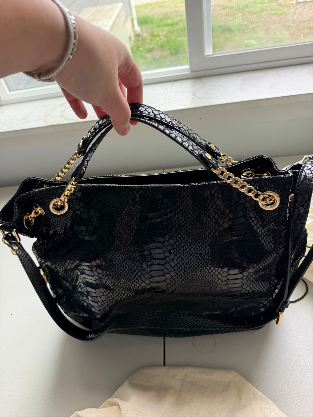 Michael Kors Black Faux-Snakeskin Shoulder Tote with Gold Chain Accents